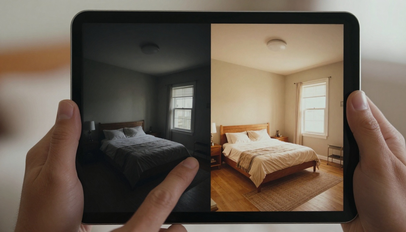 Real estate agent's hands holding a tablet showing a before-and-after AI photo restoration of a dimly lit bedroom, vivid warm tones on the right side