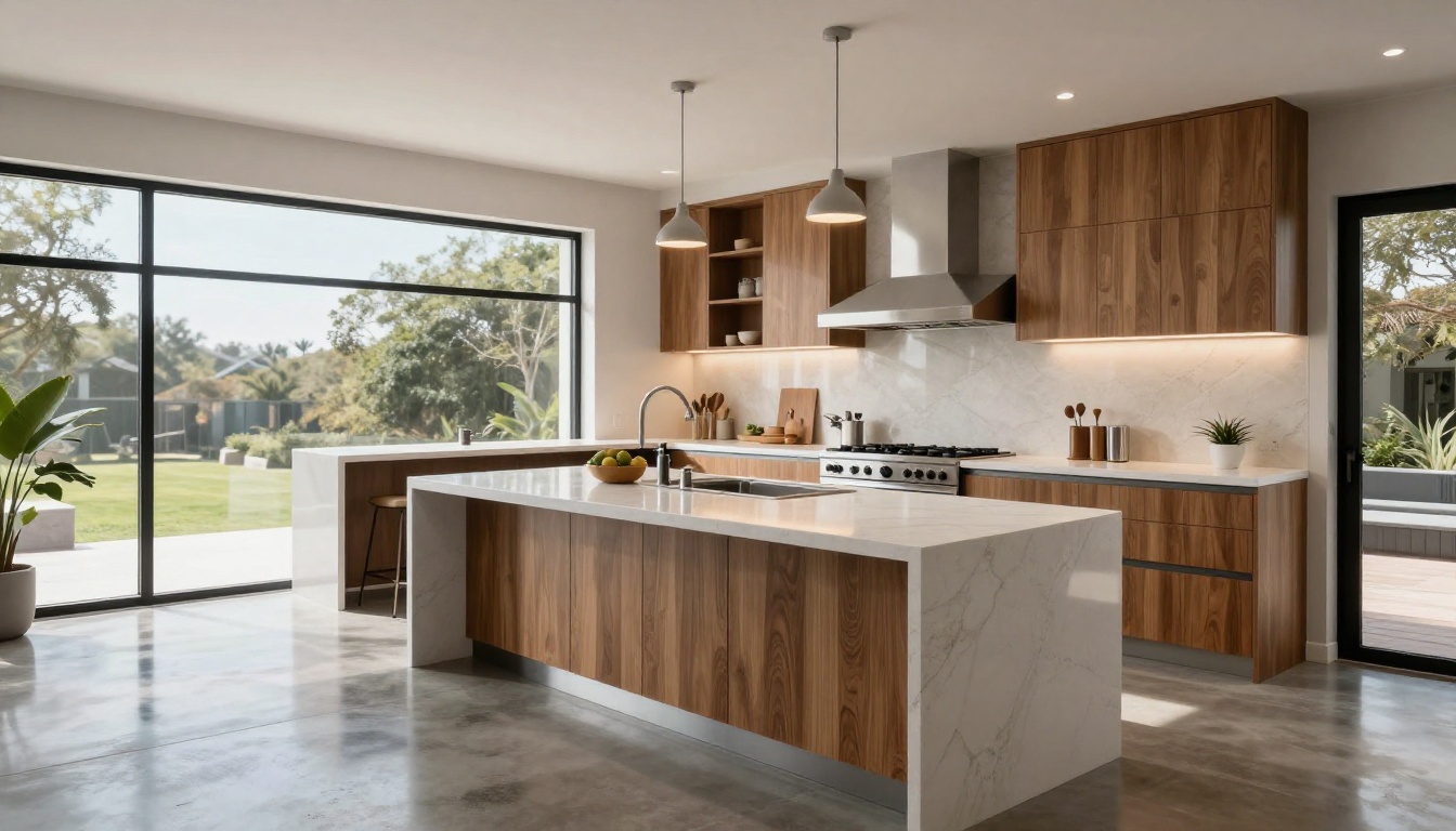 Wide interior shot of a high-end modern kitchen, white quartz countertops, stainless steel appliances, afternoon light flooding through sliding glass door, 17mm tilt-shift lens