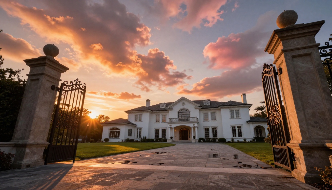 Low-angle shot of a luxury colonial mansion entrance, dramatic sunset sky through AI processing, iron gate in foreground, orange clouds reflected in puddles on the stone driveway