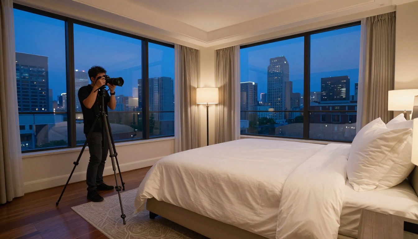 Professional real estate photographer setting up camera on tripod in a luxury master bedroom, white linen king bed, city skyline at blue hour through floor-to-ceiling windows