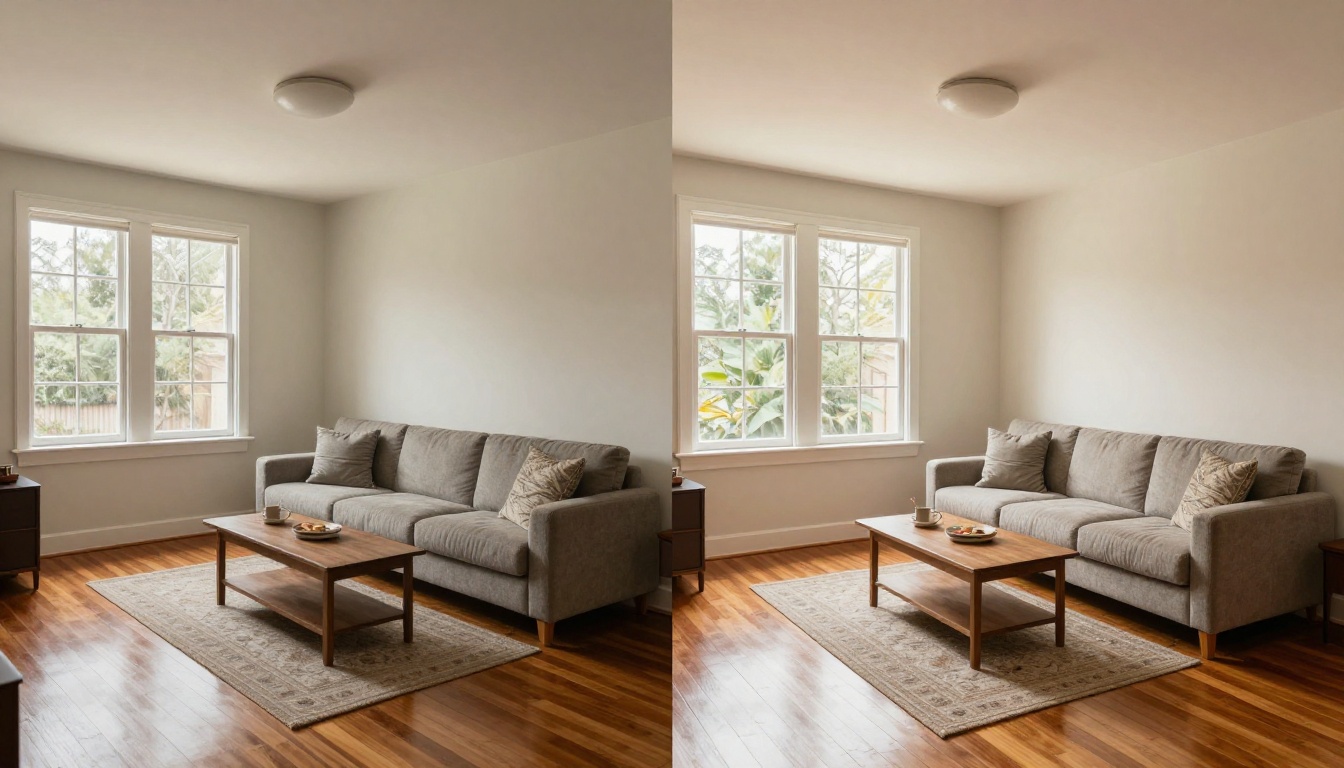 Split-screen comparison of a real estate living room: left shows flat dull colors, right shows AI-corrected vibrant warm tones and perfect exposure balance