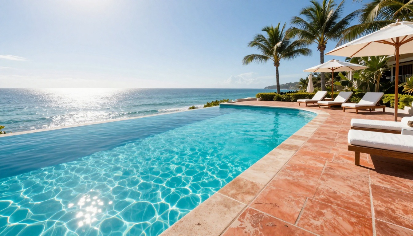 Luxury outdoor infinity pool and patio, terracotta tiles, white sun loungers with linen cushions, tropical palm trees, crystal-clear turquoise water with caustic light on the bottom