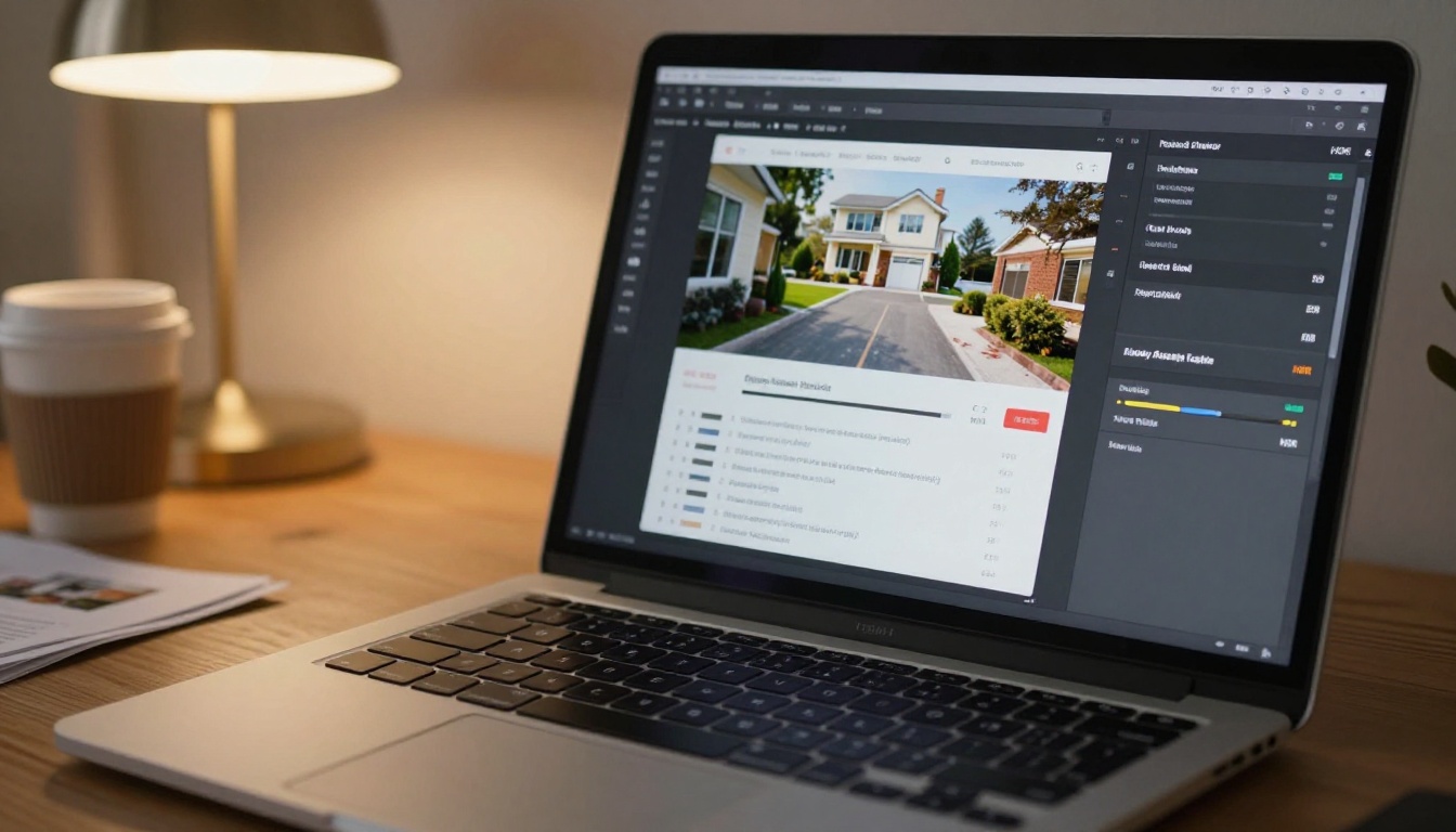 Close-up of a laptop screen showing AI real estate photo editing software, property listing printouts scattered on the desk, warm desk lamp illuminating from upper left