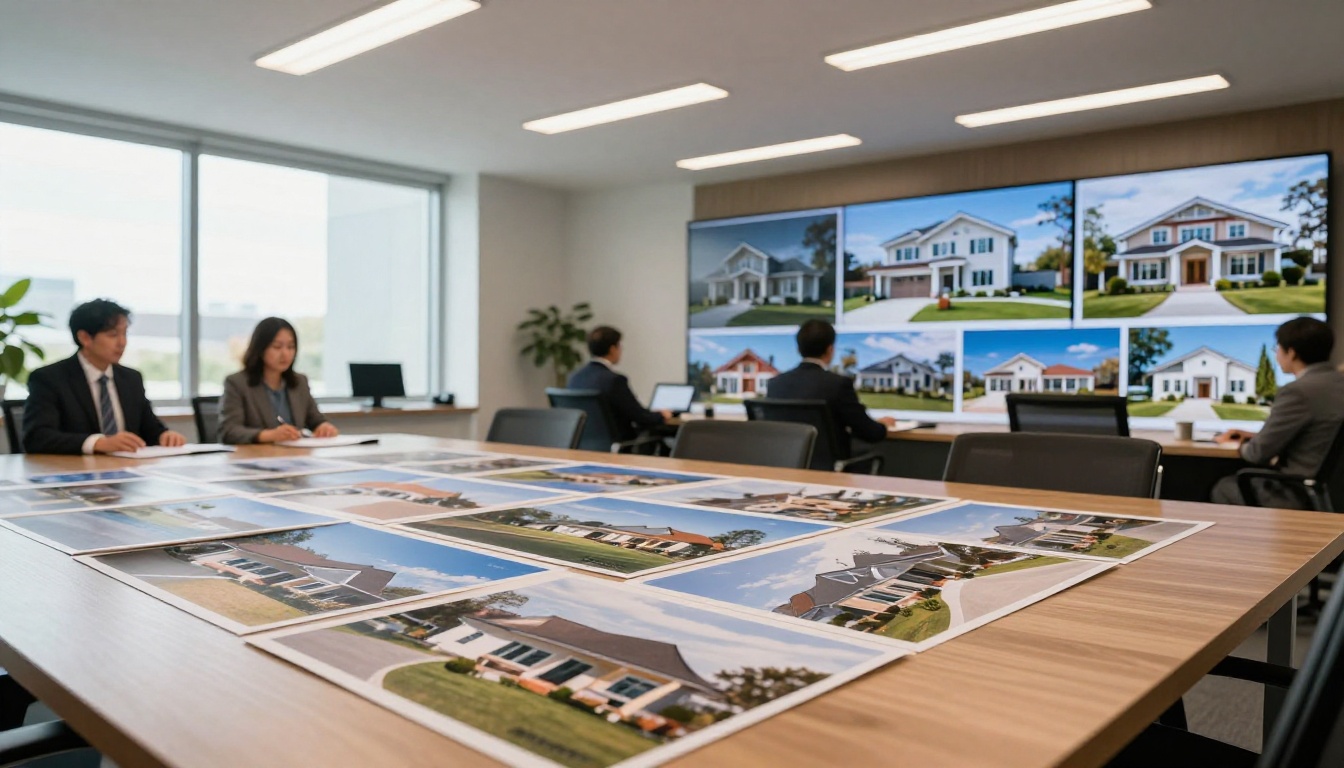 Wide shot of a modern real estate office, agents reviewing AI-processed property photos on conference table, wall screens showing pristine home interiors