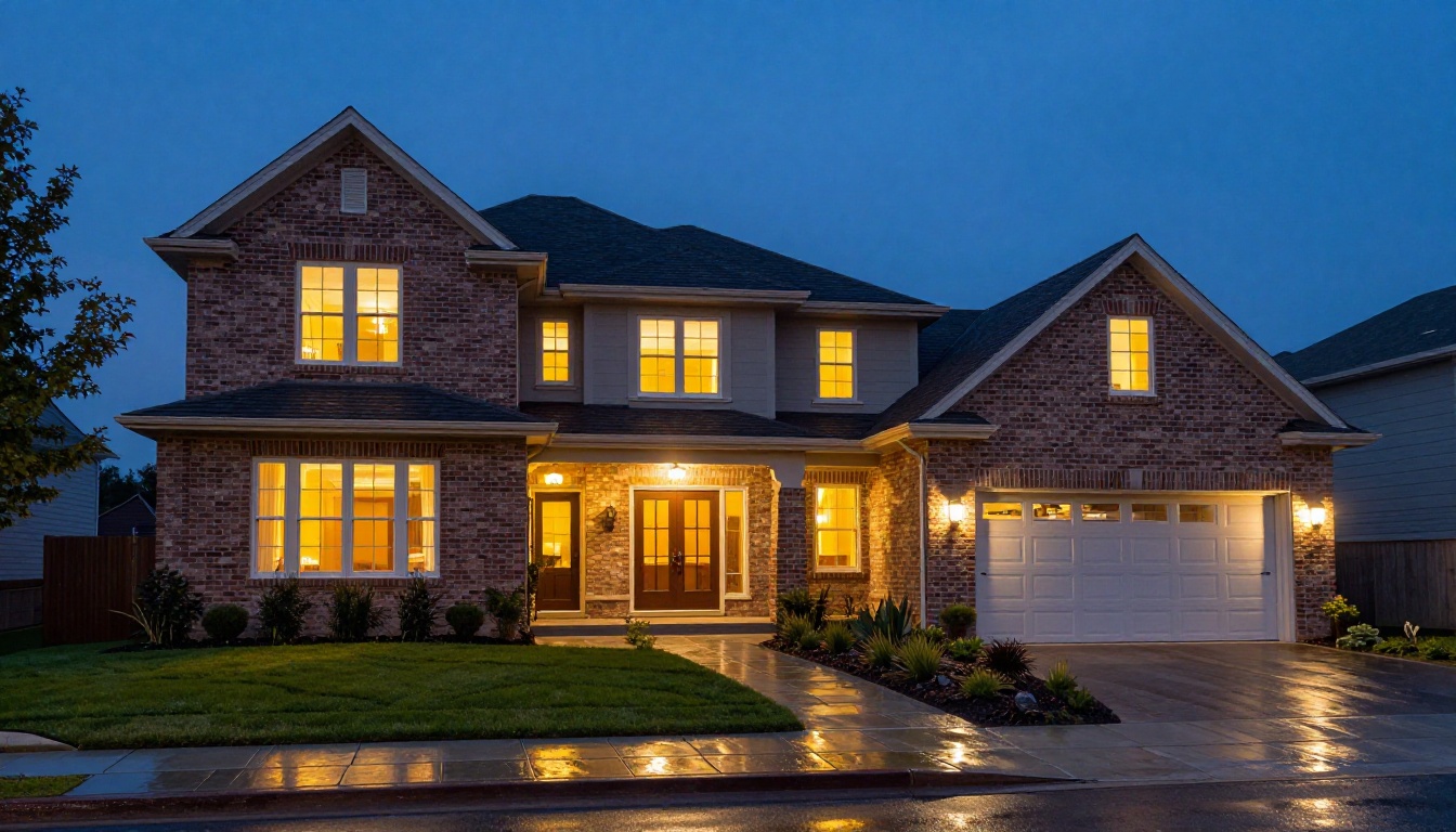 Twilight exterior of a luxury suburban home, warm golden interior light glowing through windows against deep blue dusk sky, manicured front garden with pathway lighting on stone pavers