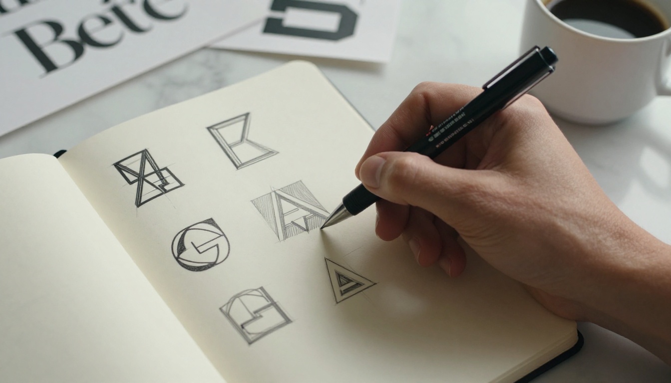 Designer sketching logo concepts in a Moleskine notebook