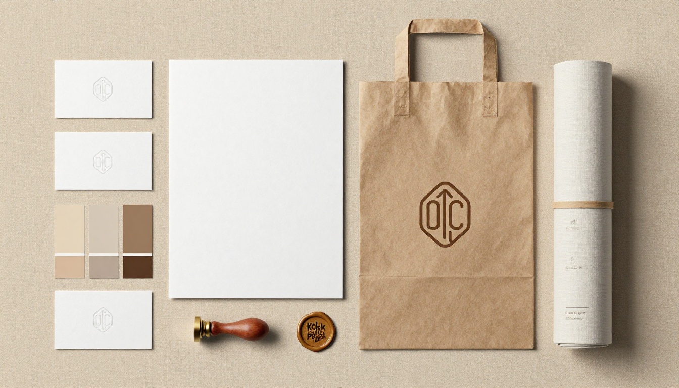 Brand identity materials flat lay overhead shot
