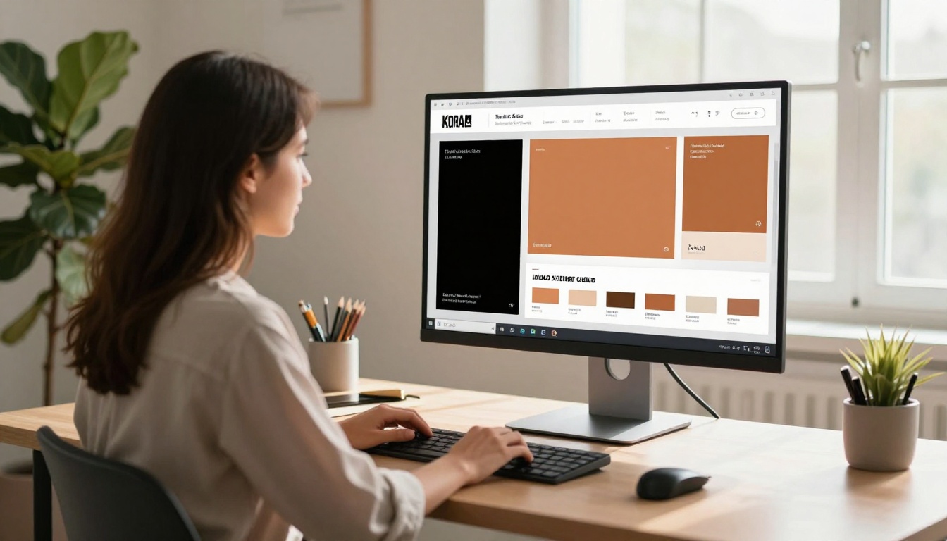 Graphic designer reviewing brand kit on Scandinavian studio monitor