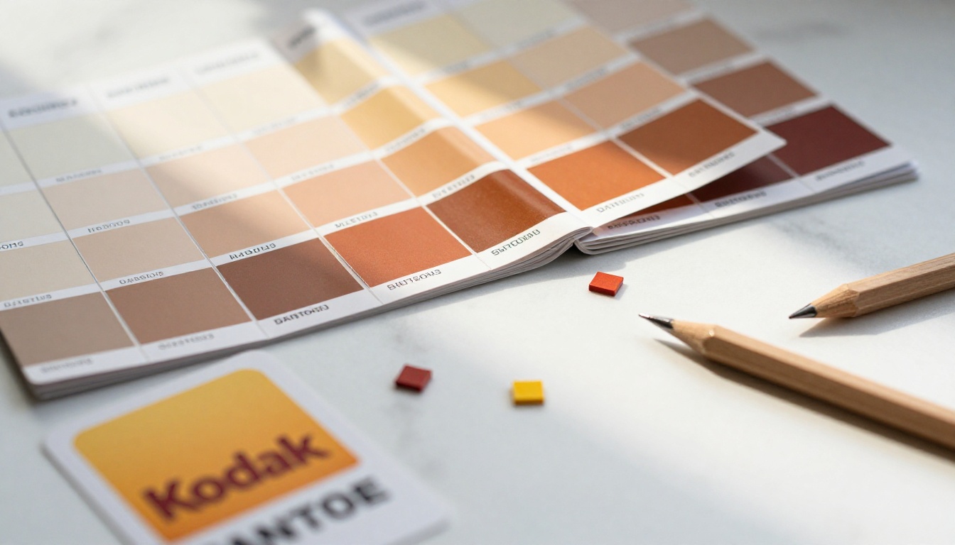 Pantone color guide fan deck open beside logo mockup printouts