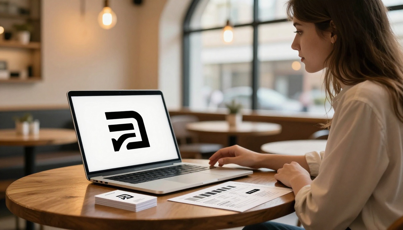 Woman entrepreneur reviewing brand identity materials at a warm coffee shop table
