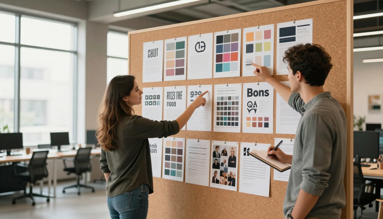 Two designers collaborating over logo variations on a cork board