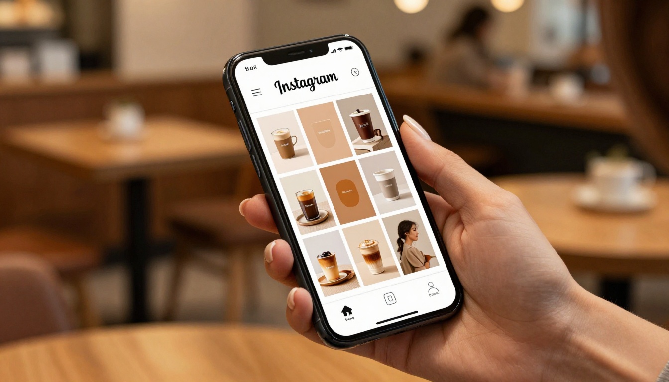 Woman holding smartphone showing brand kit on Instagram grid mockup