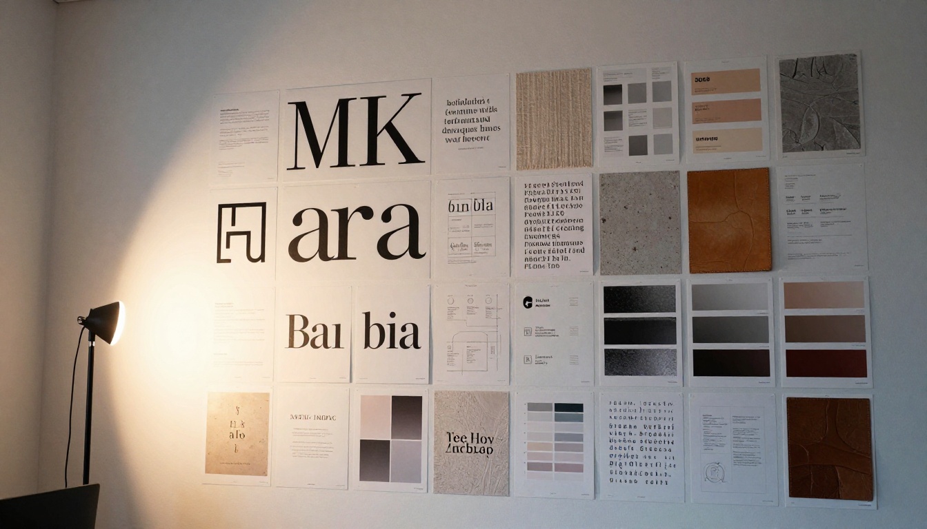 Creative agency mood board wall covered with typography specimens and brand identity samples