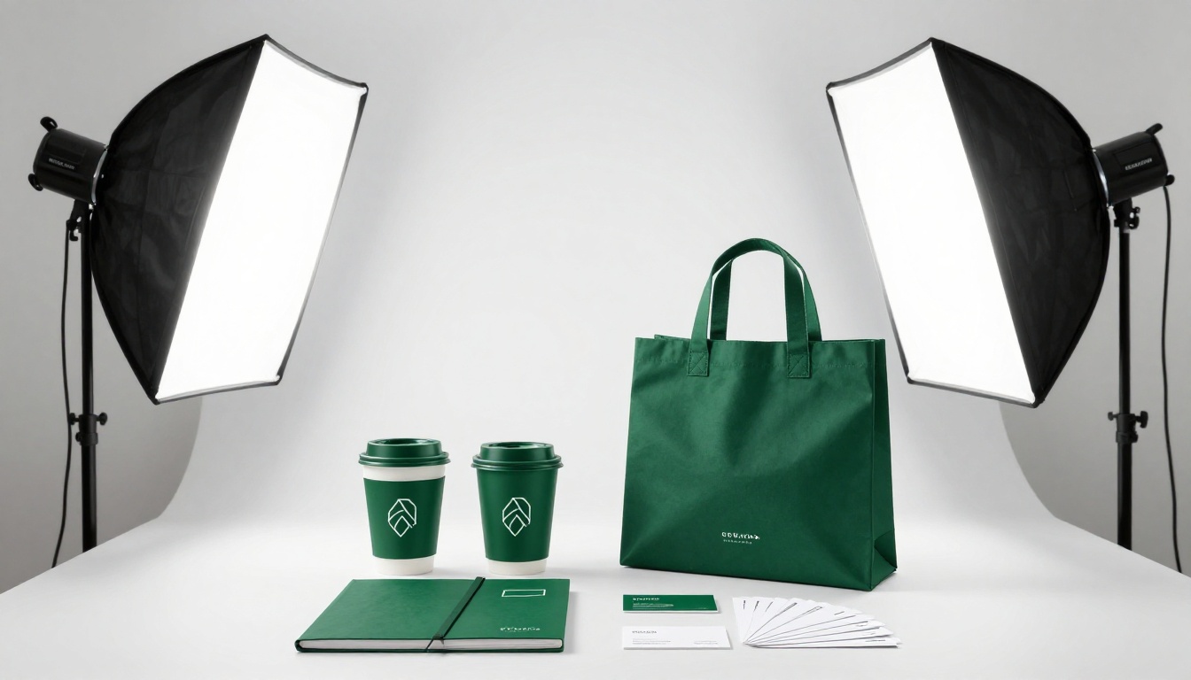 Professional brand identity kit arranged in a photography studio with softbox lighting