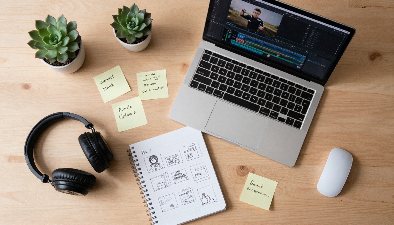 Overhead content creator workspace with planning materials and sticky notes