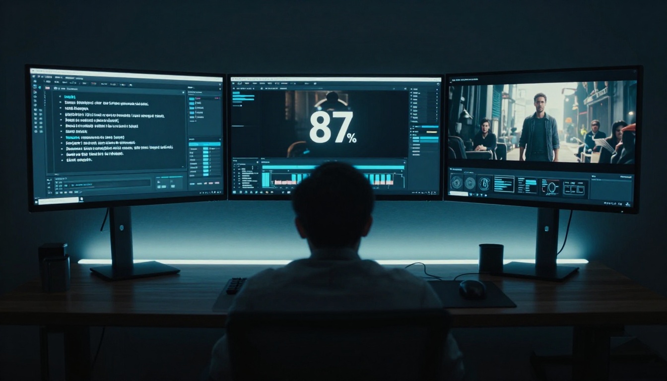 Three professional monitors displaying AI video generation stages from prompt to render to output