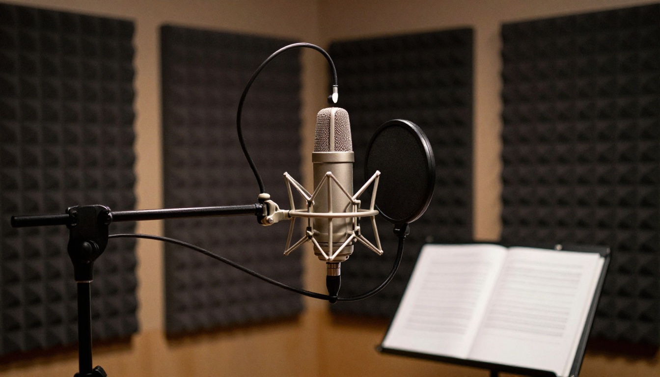 Professional condenser microphone on boom arm in acoustically treated recording room