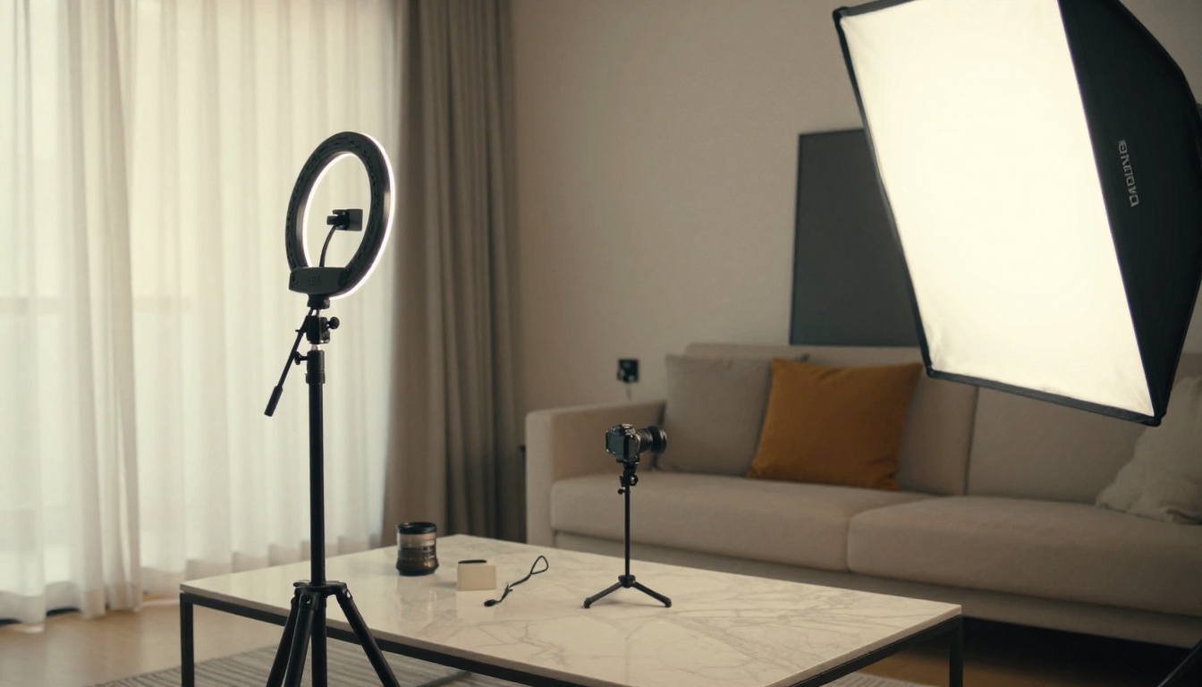 Wide shot of minimalist living room set up as a faceless YouTube filming location with lighting equipment