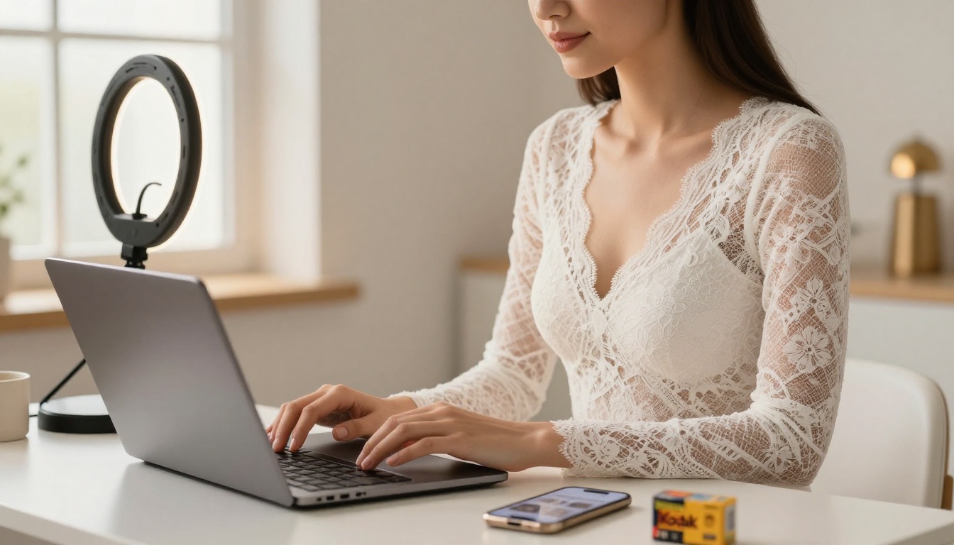 Professional content creator workspace with ring light and laptop setup Professional content creator workspace with ring light and laptop setup