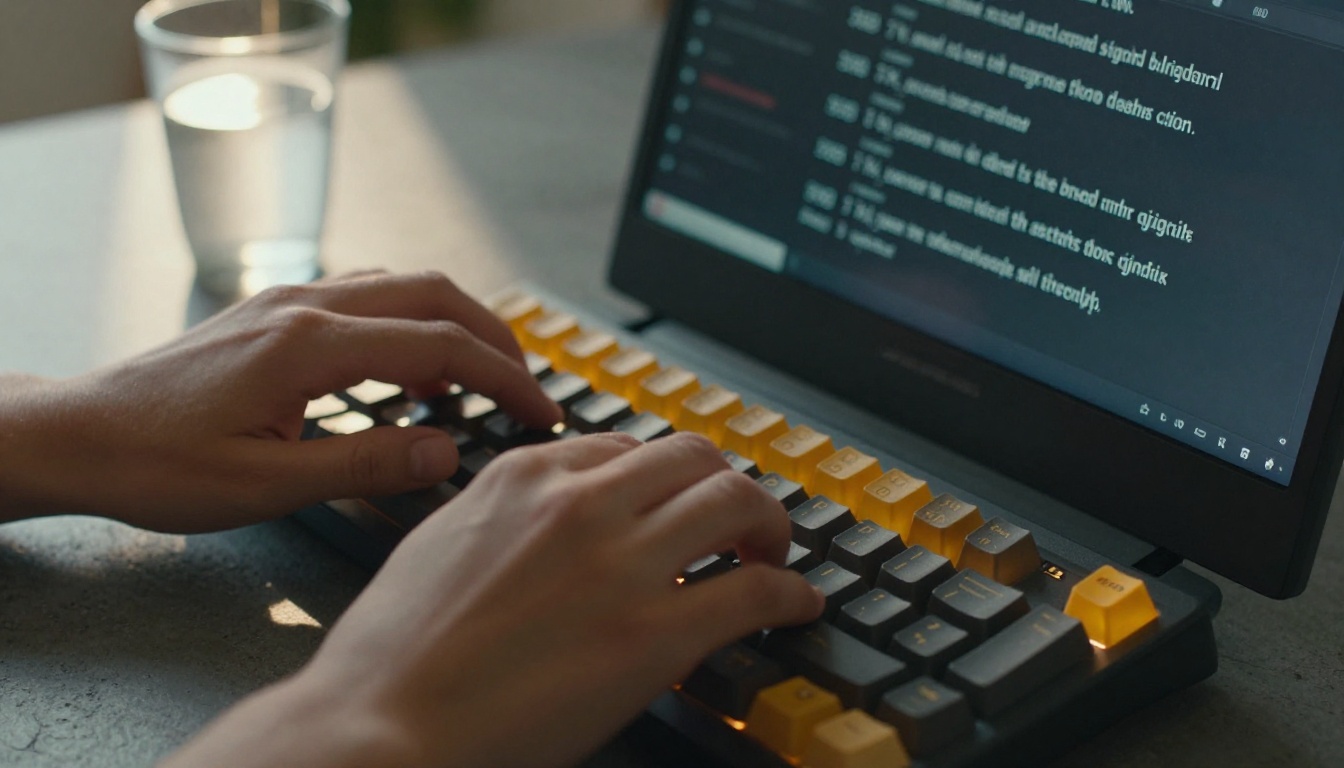 Close-up of hands typing a video script on a backlit mechanical keyboard