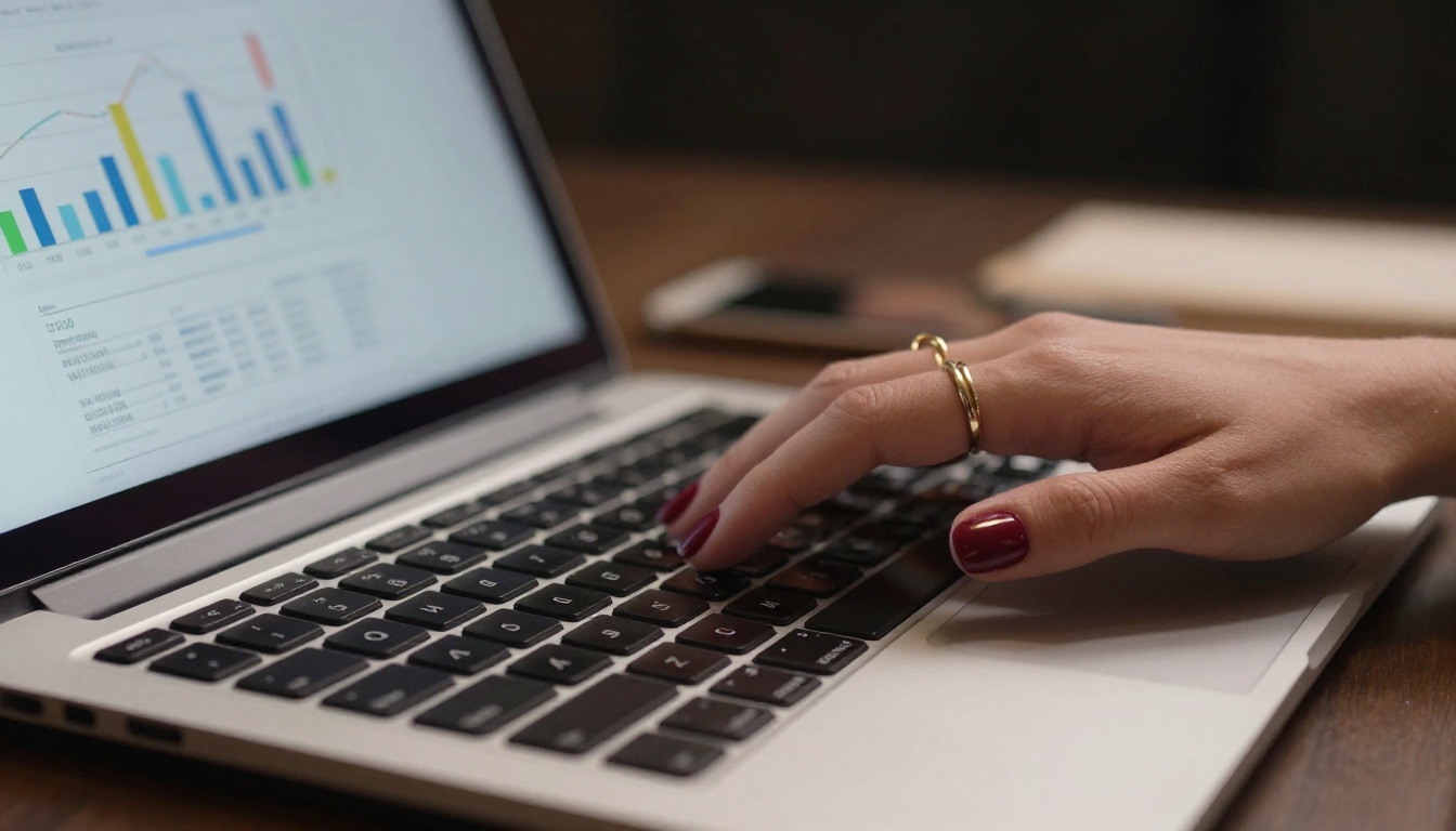 Close-up of elegant manicured hands on laptop keyboard with smartphone showing analytics Close-up of elegant manicured hands on laptop keyboard with smartphone showing analytics