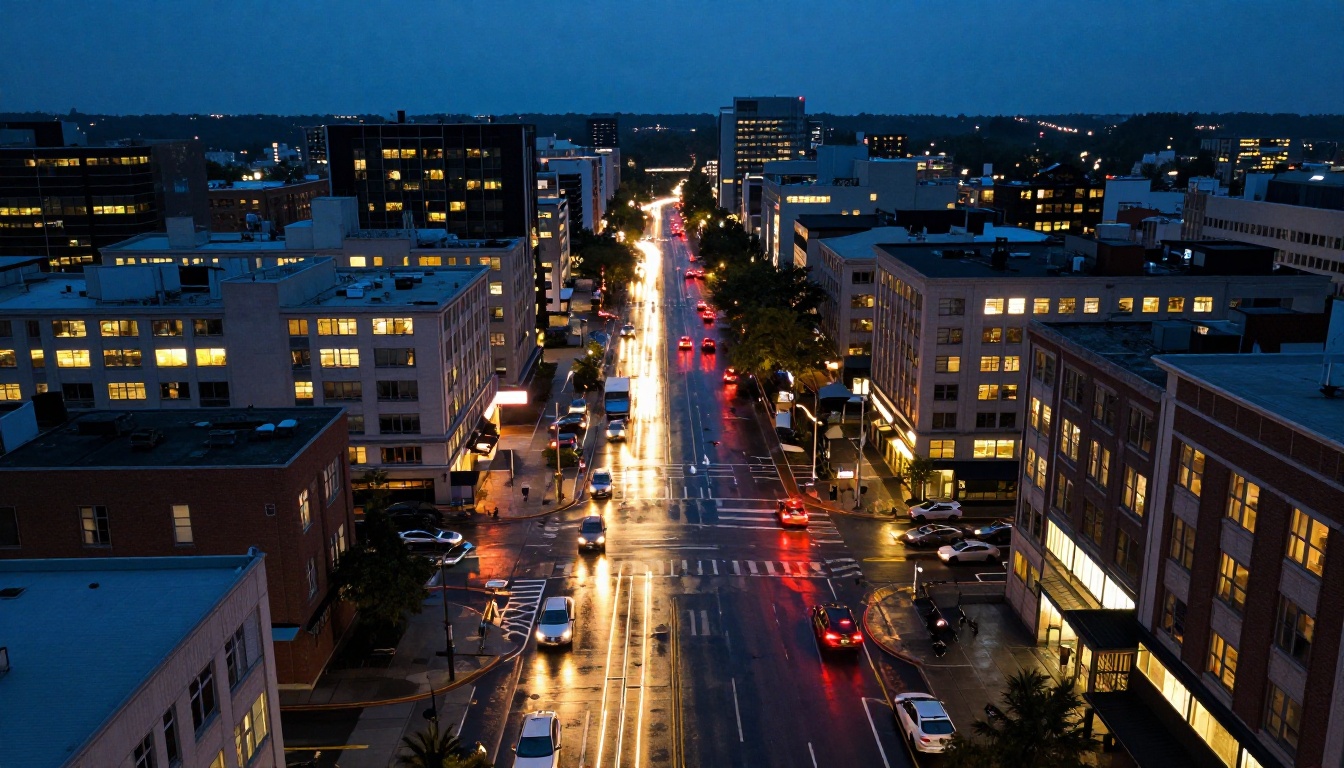 Aerial drone view of city intersection at dusk with flowing car light trails on wet asphalt