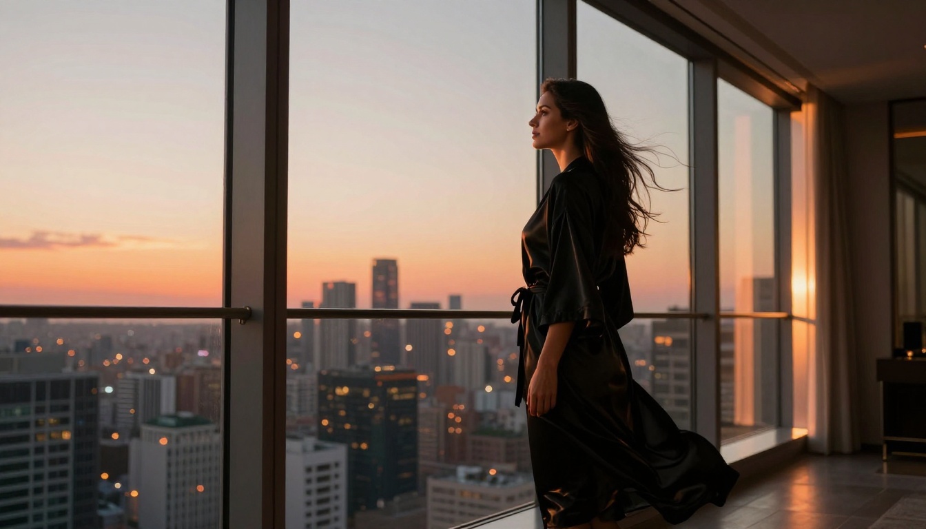 Confident woman in penthouse apartment looking over city skyline at golden hour Confident woman in penthouse apartment looking over city skyline at golden hour