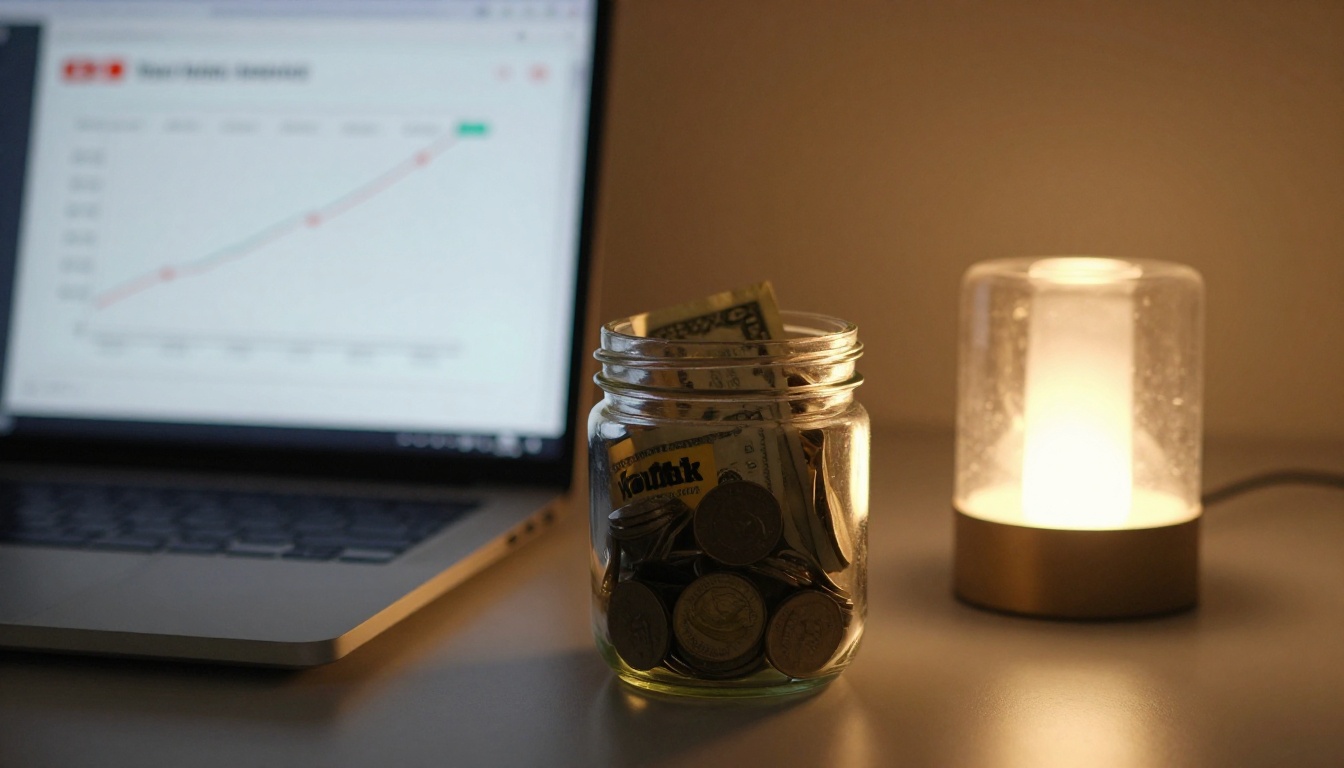 Home office desk with glass jar of dollar bills and YouTube analytics on laptop screen