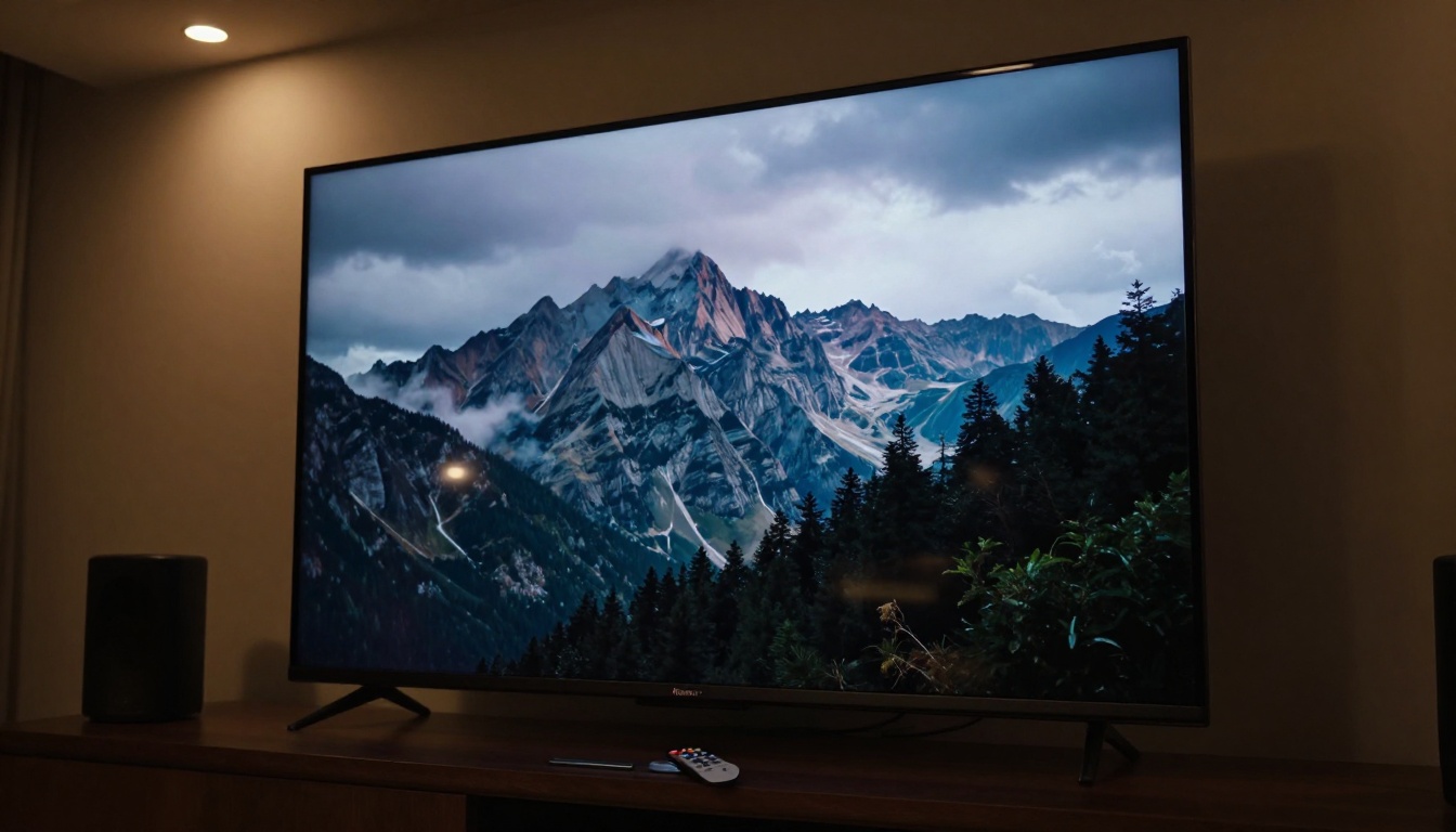 Low-angle shot of TV screen displaying cinematic AI-generated mountain landscape video