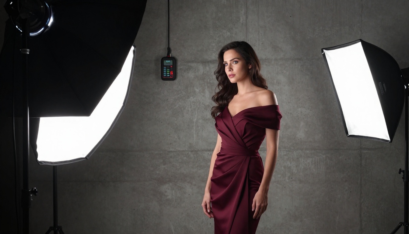 Professional studio shoot with strobes and softboxes, woman in burgundy off-shoulder dress