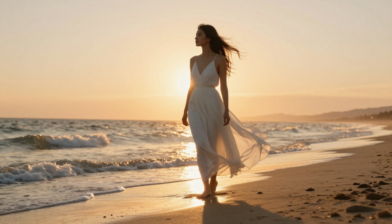 Woman in flowing white maxi dress on beach at golden hour, backlit sunset