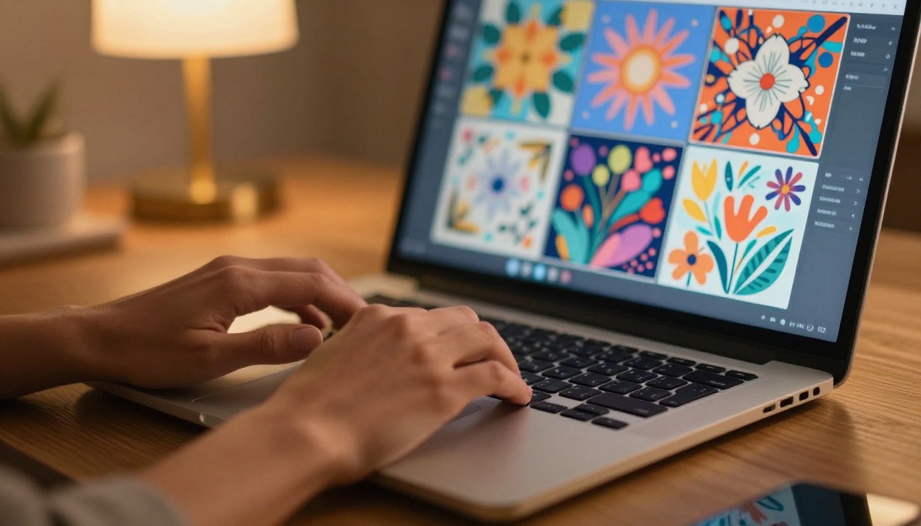 Close-up of hands typing on a laptop showing an AI image generation interface with print-on-demand design variations