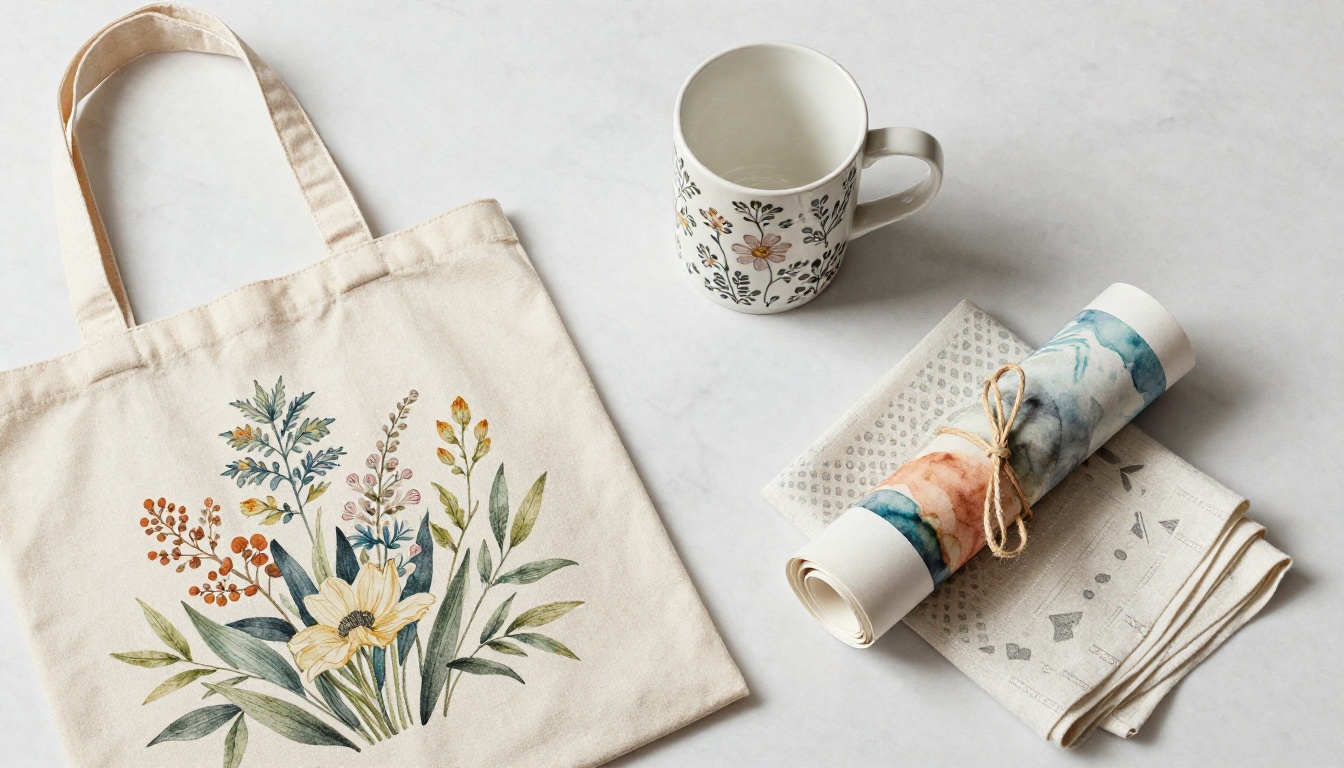 Flat lay aerial shot of premium print-on-demand merchandise including tote bag, ceramic mug, and art print on white marble surface