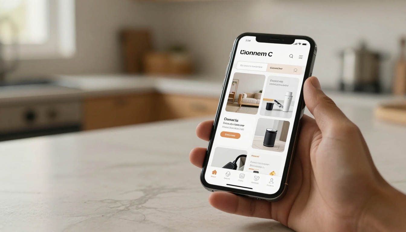 Smartphone displaying an e-commerce product page with a crisp white-background product photo Smartphone displaying an e-commerce product page with a crisp white-background product photo
