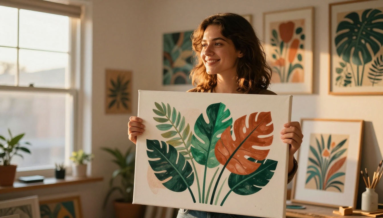 Woman in warm home art studio holding up a beautifully printed botanical canvas wall art piece