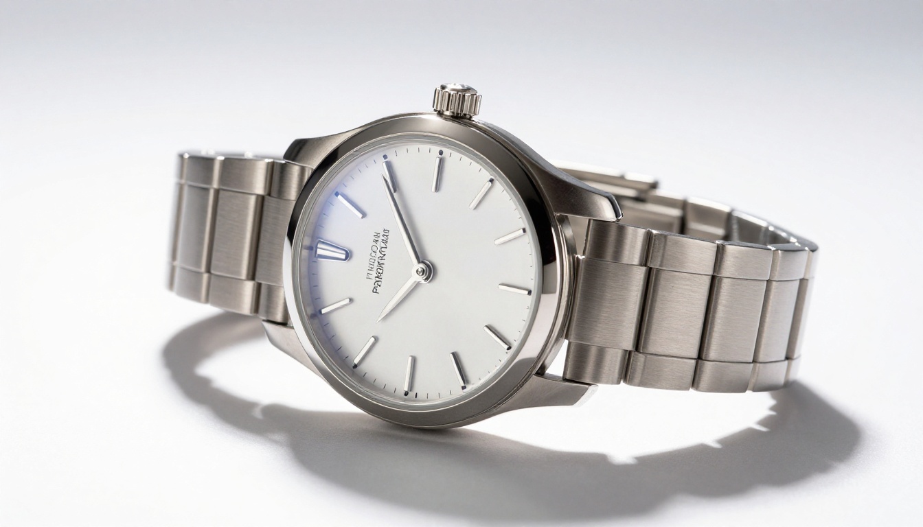Luxury steel watch photographed on white background with dramatic Rembrandt side lighting Luxury steel watch photographed on white background with dramatic Rembrandt side lighting