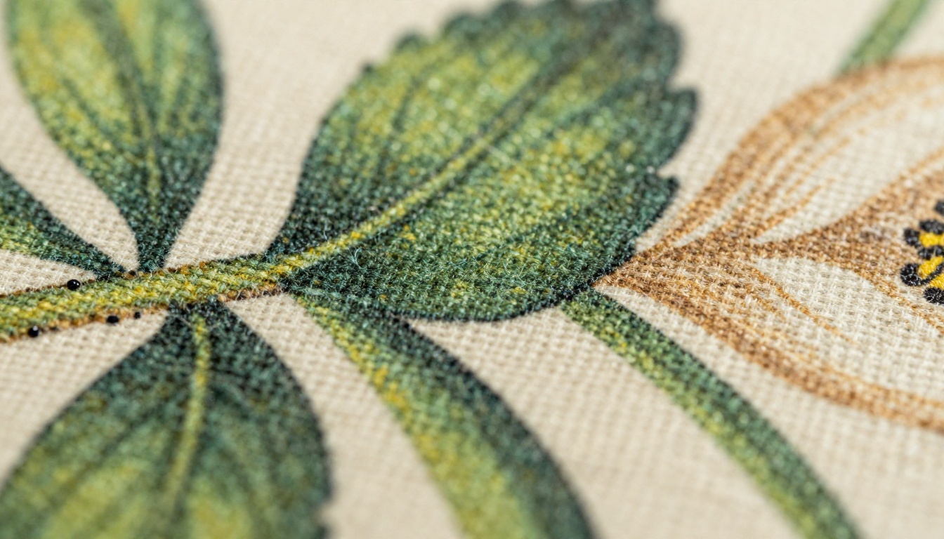 Extreme macro close-up of a vibrant botanical print on natural cotton canvas fabric showing ink detail and fabric weave texture