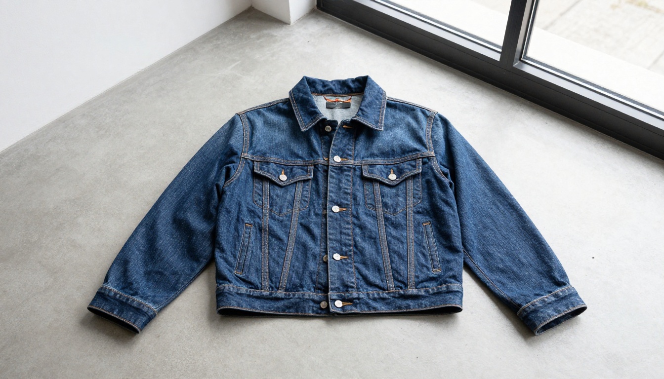 Premium raw selvedge denim jacket flat lay on concrete, overhead shot with soft diffused natural light Premium raw selvedge denim jacket flat lay on concrete, overhead shot with soft diffused natural light