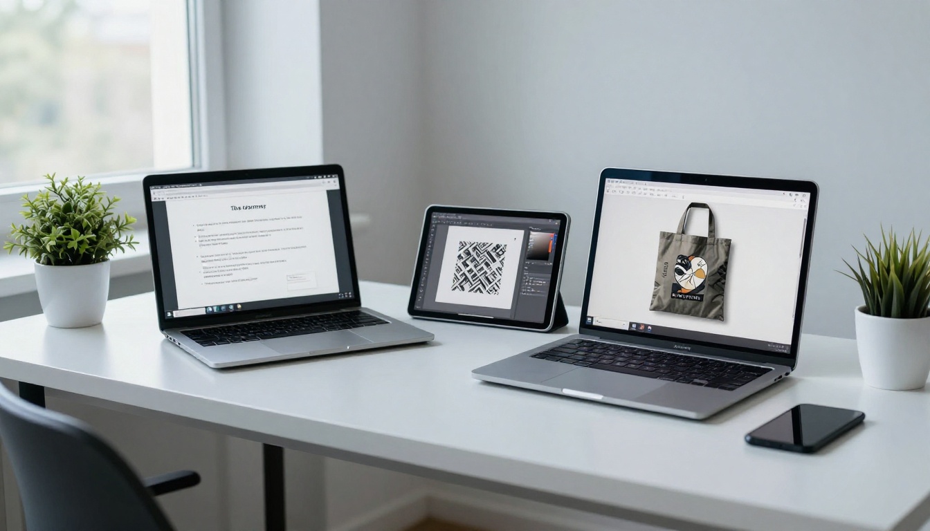 Minimalist Scandinavian desk showing AI workflow across multiple laptop screens and a tablet
