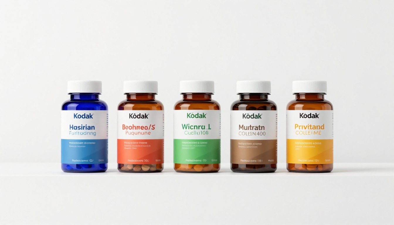 Five premium supplement bottles arranged in a row on a white studio background with clinical even lighting Five premium supplement bottles arranged in a row on a white studio background with clinical even lighting