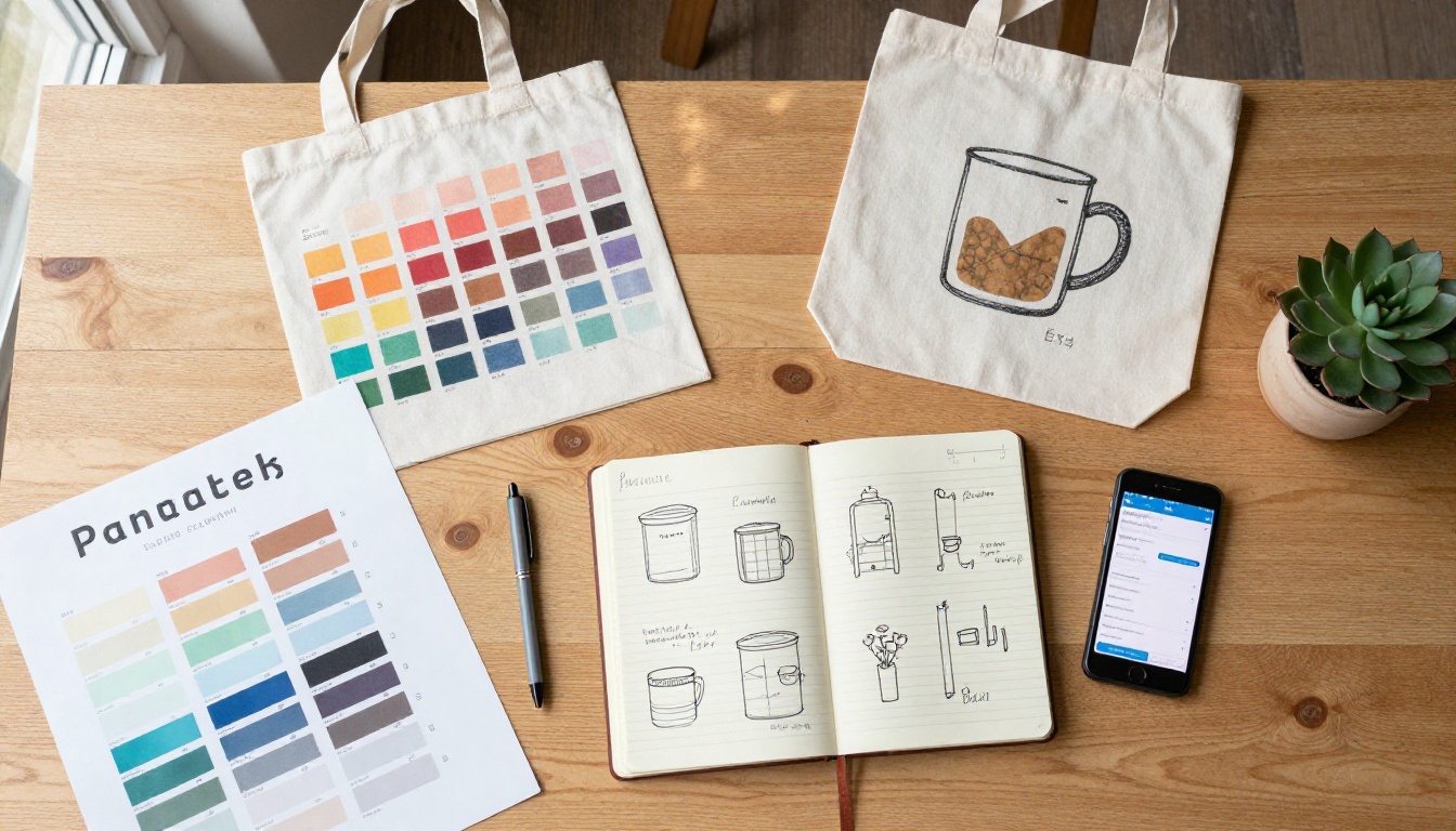 Overhead flat lay of a creative Etsy seller's desk with printed product samples, color swatches, a notebook with sketches, and a phone showing sales