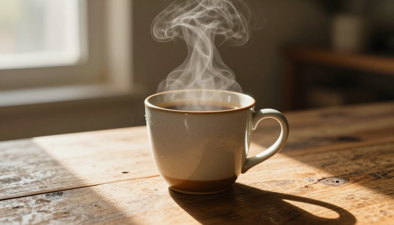Lifestyle shot of a ceramic coffee mug on a rustic oak wood table with warm volumetric morning sunlight from the left