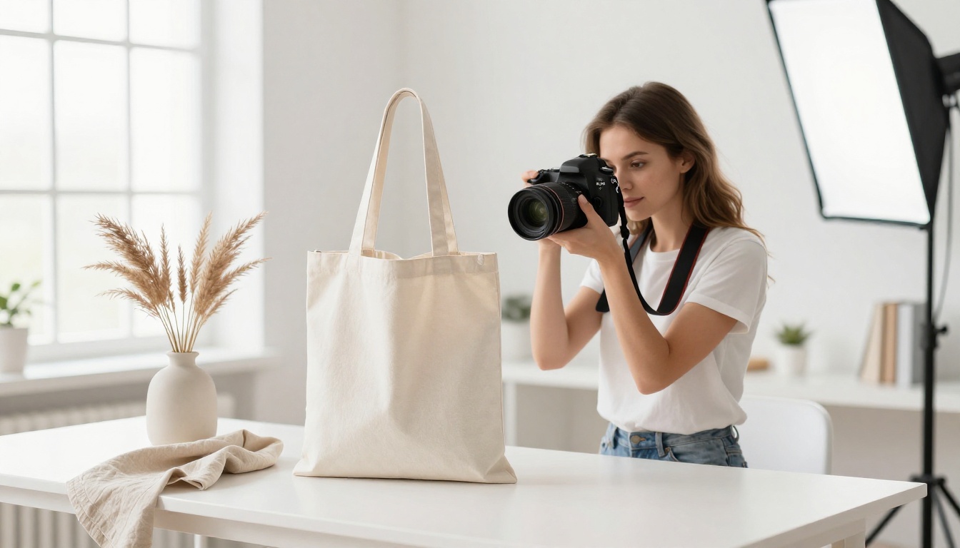 Young woman in a bright white studio photographing a styled product mockup with a printed tote bag and pampas grass arrangement