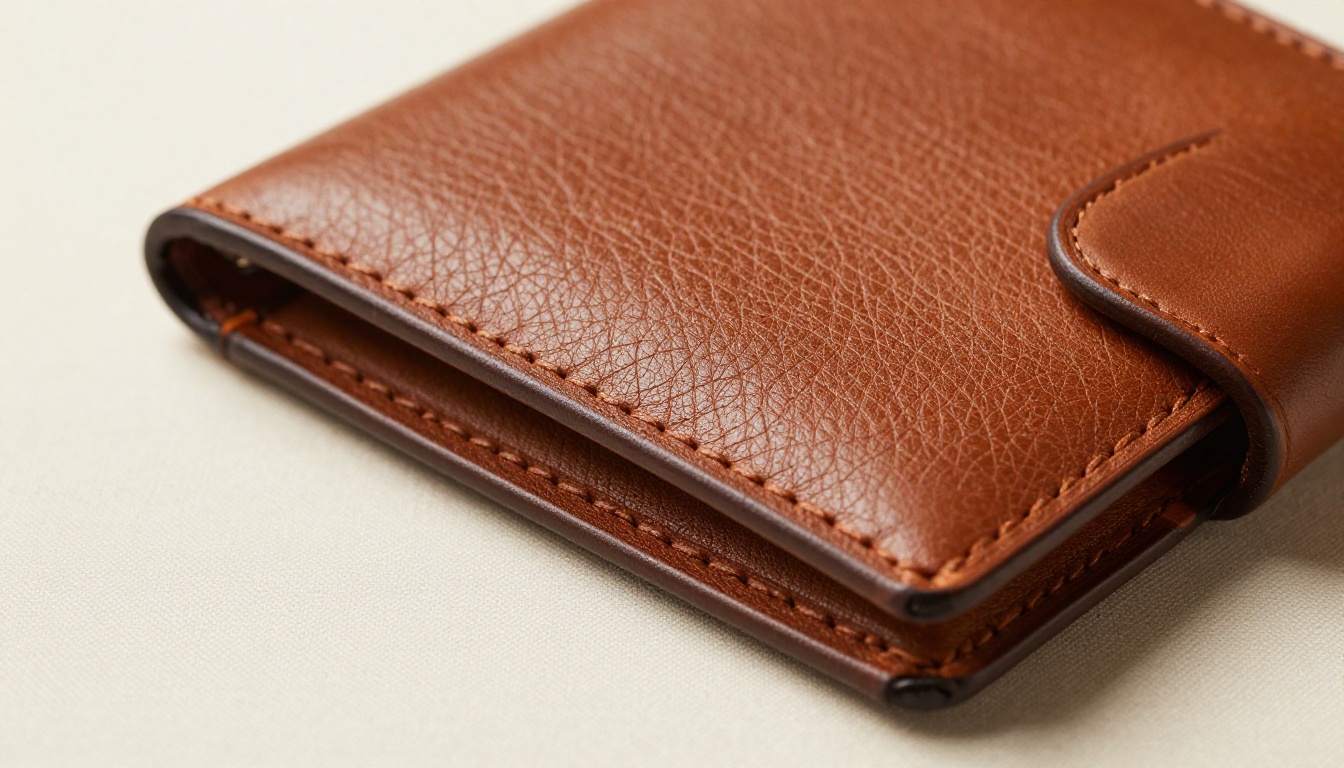 Close-up macro shot of a luxury brown leather wallet showing extreme grain texture detail on cream linen