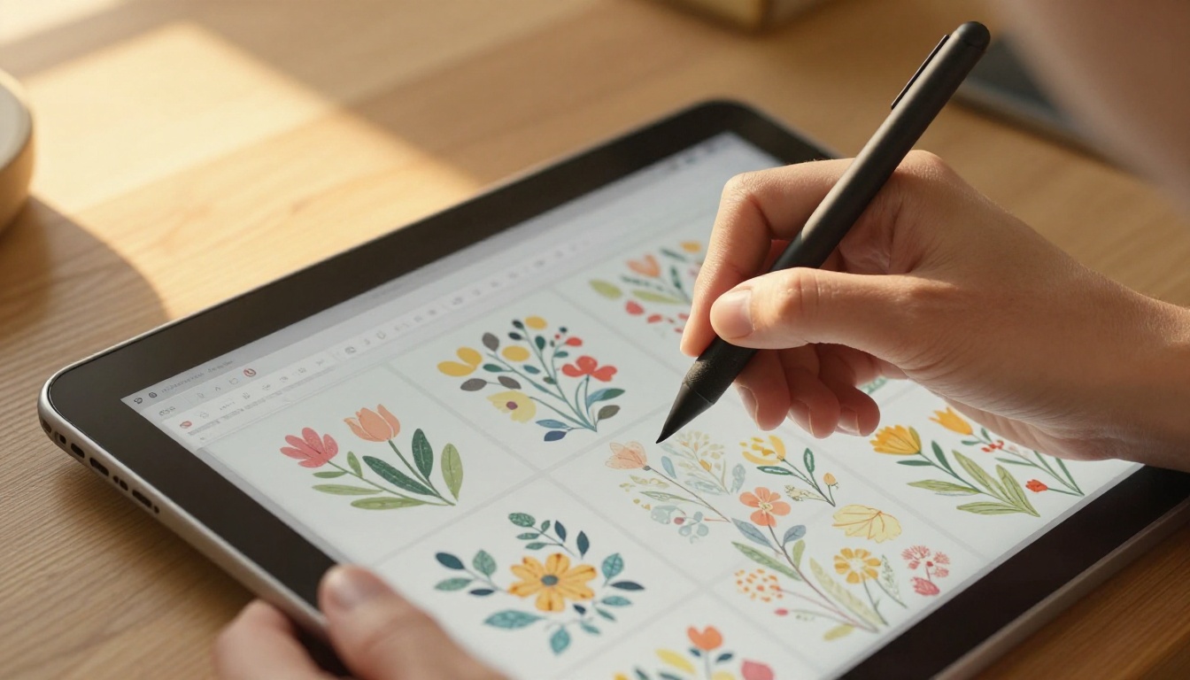 Close-up of hands holding a drawing tablet stylus while selecting a colorful floral repeat pattern design
