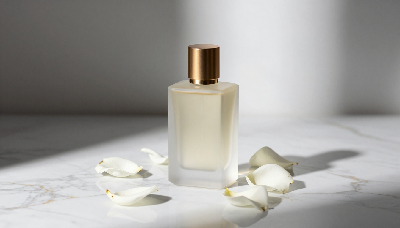 Luxury frosted glass perfume bottle with gold cap on white marble with rose petals, dramatic split studio lighting