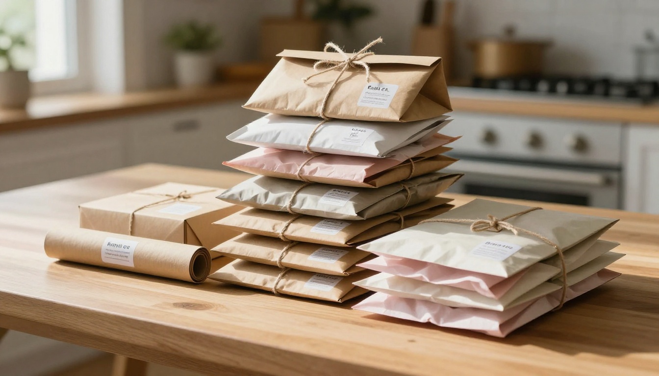 Neatly stacked and packaged Etsy orders ready to ship including printed tote bags, poster tubes, and branded packaging
