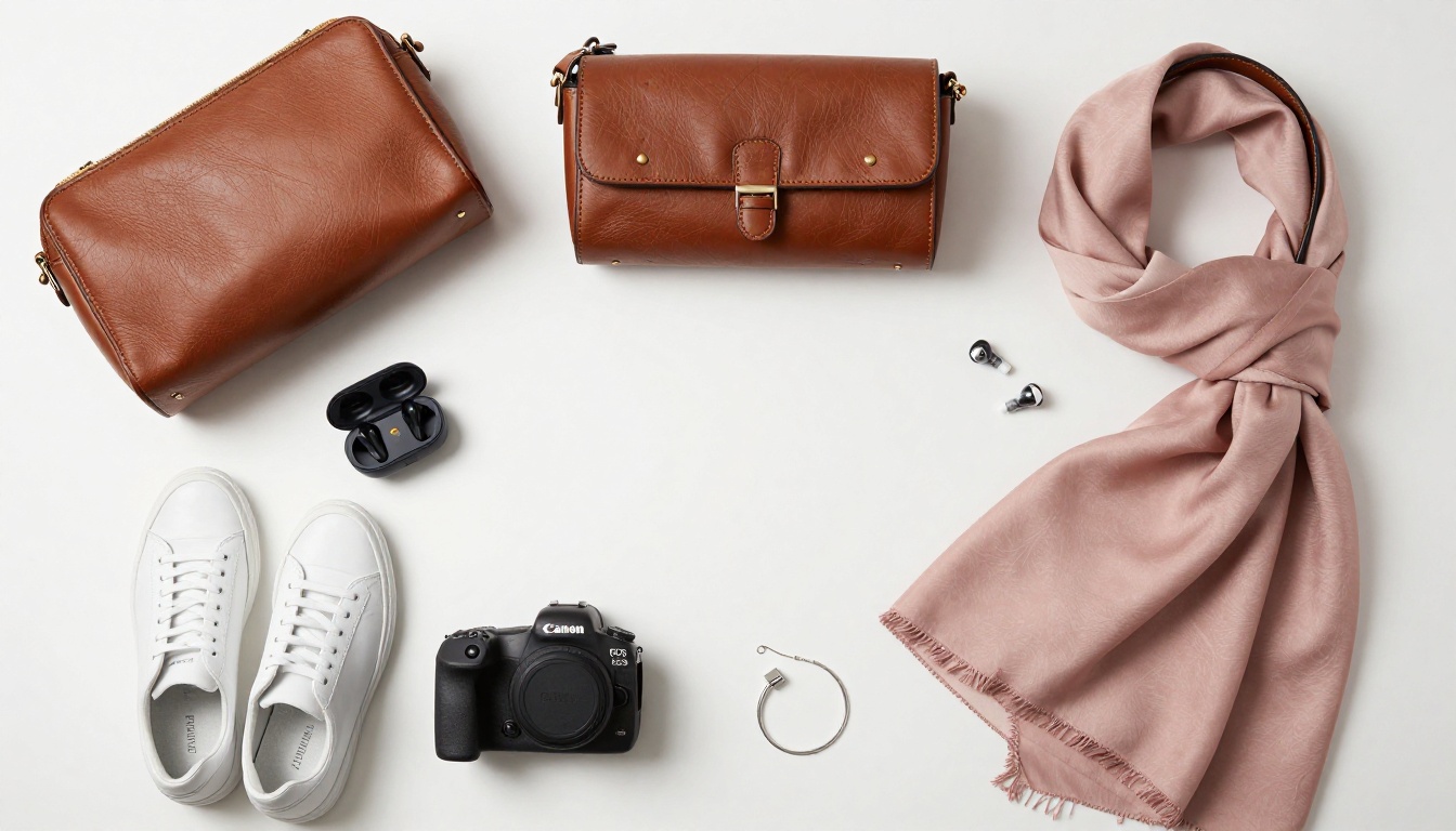 Aerial overhead flat lay of curated diverse e-commerce products on white surface, professional catalog view