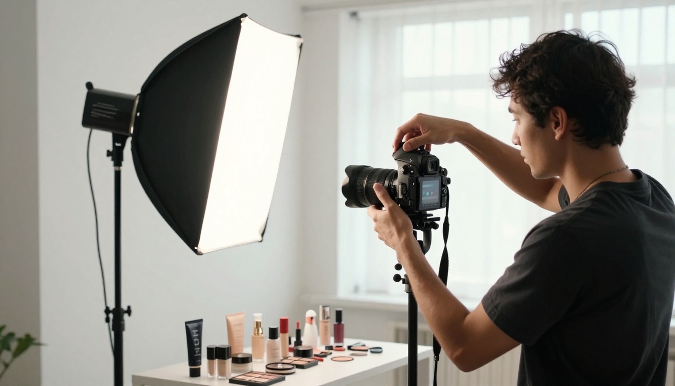 Professional product photographer adjusting a studio light with cosmetics arranged on a white backdrop Professional product photographer adjusting a studio light with cosmetics arranged on a white backdrop