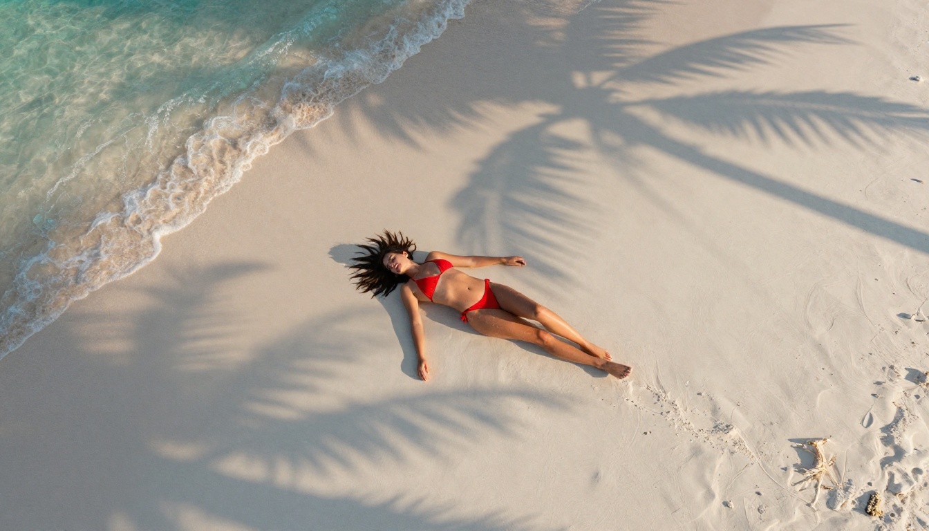 Aerial view of a beautiful woman in a red bikini on a white sand beach at golden hour, photorealistic lifestyle photography
